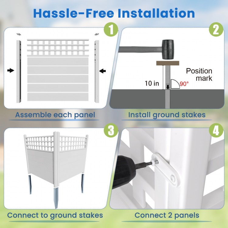 Installation steps for 45 x 45.5 inch white air conditioner fence panels with metal ground stakes for outdoor use.