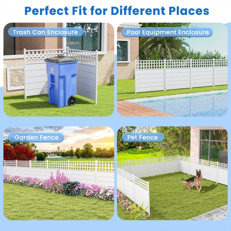 White air conditioner fence panels with metal stakes, ideal for garden, pool, or pet enclosure in various outdoor.