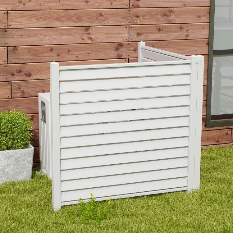 White vinyl picket fence panel with slatted surface and metal ground stakes, ideal for gardens and patios.