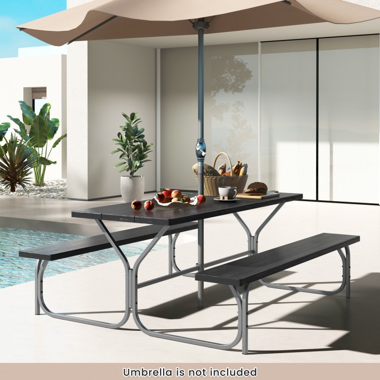 6 feet picnic table bench set with HDPE tabletop, black finish, ideal for outdoor gatherings by the pool.