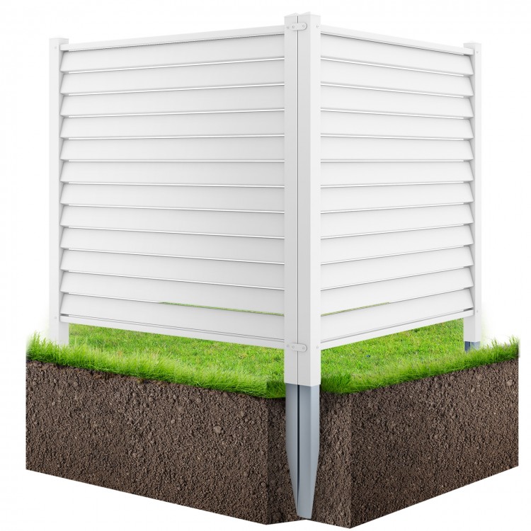Vinyl picket fence panel with metal ground stakes, featuring a slatted surface for air circulation, ideal for gardens.