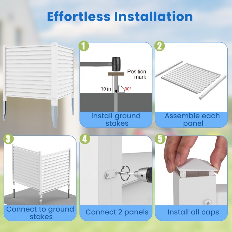 Step-by-step installation guide for 44 x 45 inch white vinyl picket fence panels with metal ground stakes.
