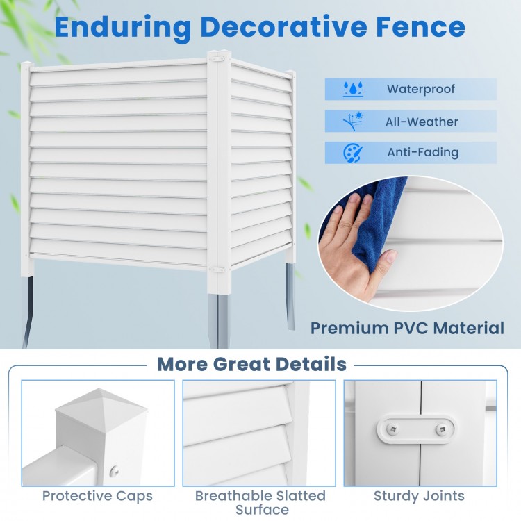 Vinyl picket fence panel in white, featuring breathable slatted surface and sturdy joints, ideal for gardens and patios.
