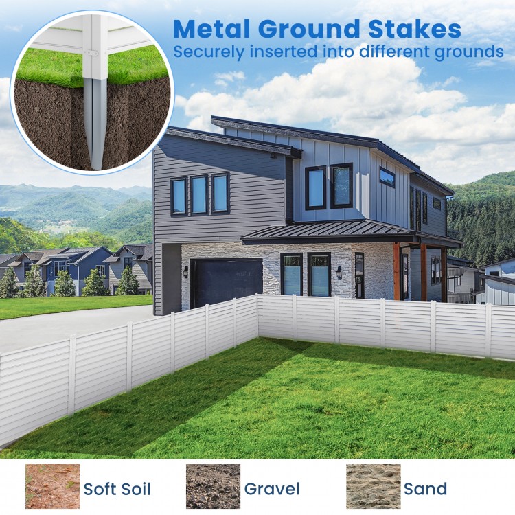 Vinyl picket fence panel with metal ground stakes, designed for easy installation in soft soil, gravel, or sand.