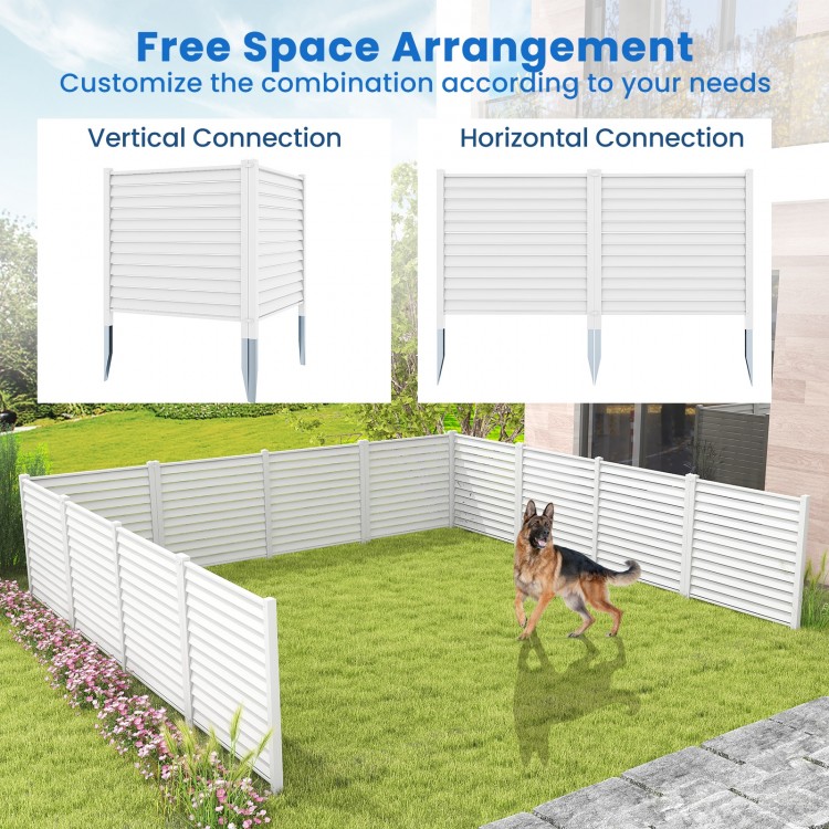 Vinyl picket fence panels with metal ground stakes, showcasing vertical and horizontal connections for versatile garden.