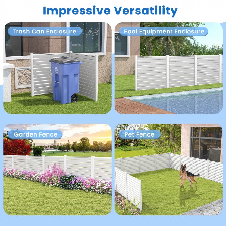 Vinyl picket fence panel with metal ground stakes, ideal for garden, patio, or pool enclosures, featuring durable PVC.