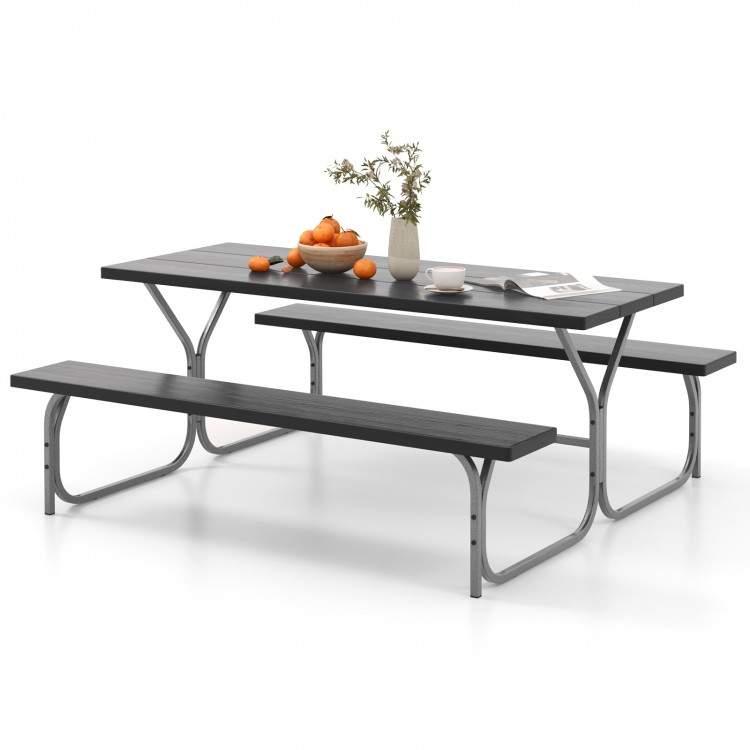 6-foot picnic table bench set with HDPE tabletop, black finish, suitable for 8 people, ideal for outdoor gatherings.