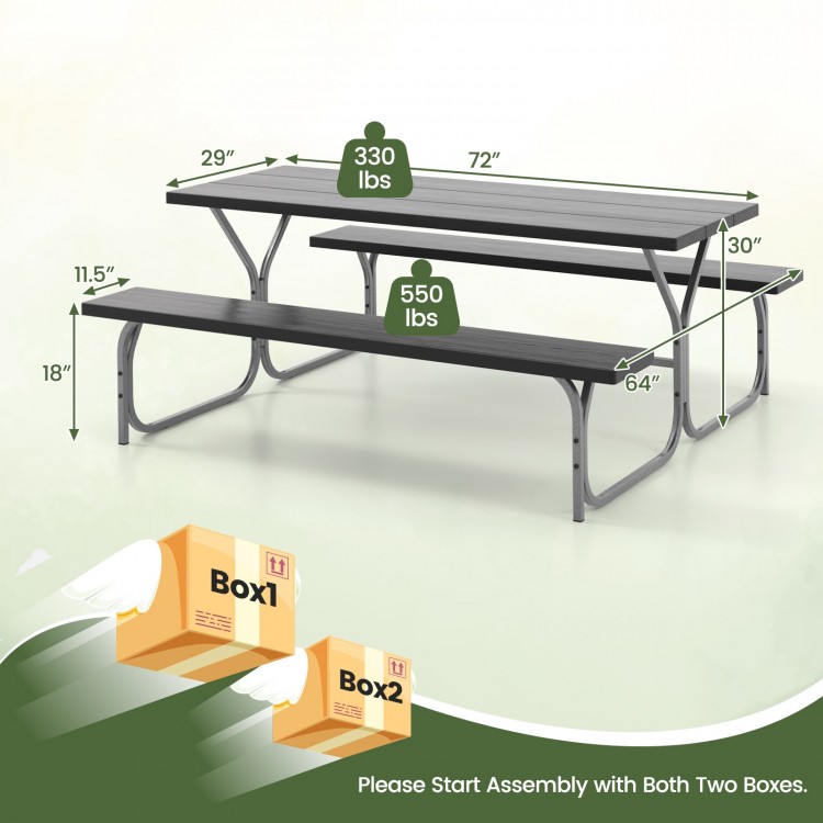 6 feet picnic table bench set with HDPE tabletop, black, for 8 people, featuring a waterproof surface and sturdy frame.