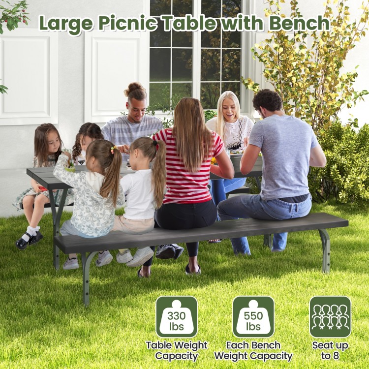 Large picnic table bench set in black, featuring HDPE tabletop, seating for 8, and designed for outdoor gatherings.