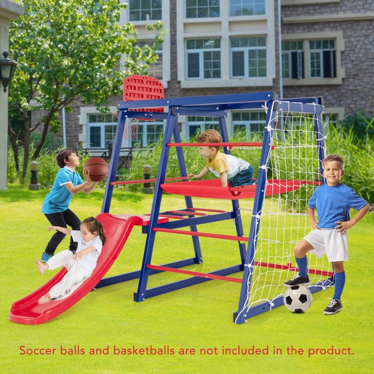 Colorful 7-in-1 metal toddler climbing toy with slide, climbing net, and basketball hoop for active play and.