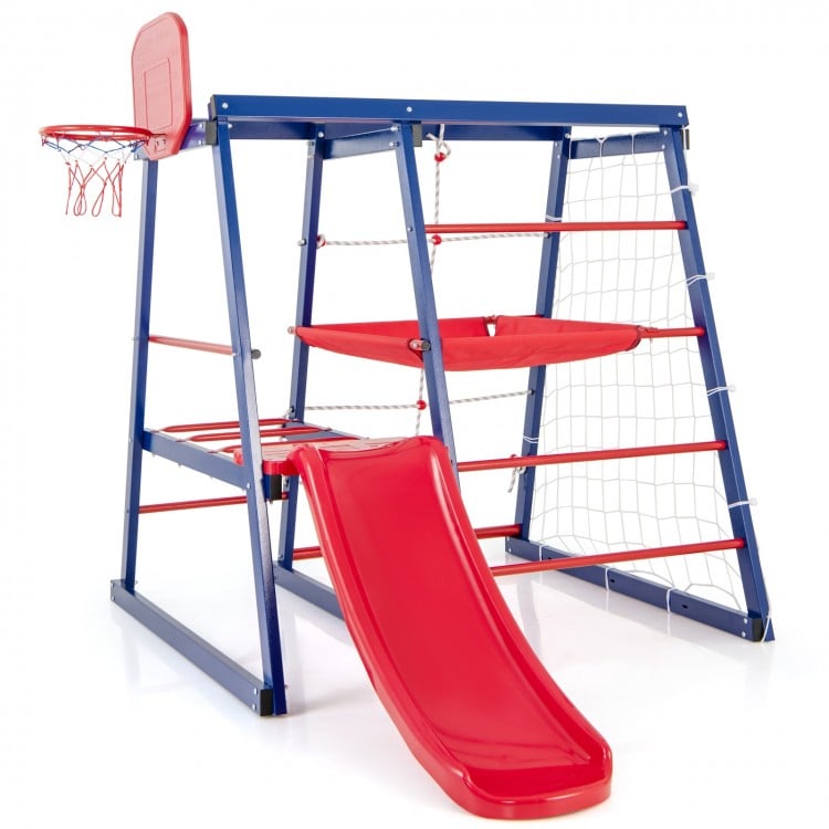 Red slide of the 7-in-1 metal toddler climbing toy with basketball hoop, designed for interactive play and physical.