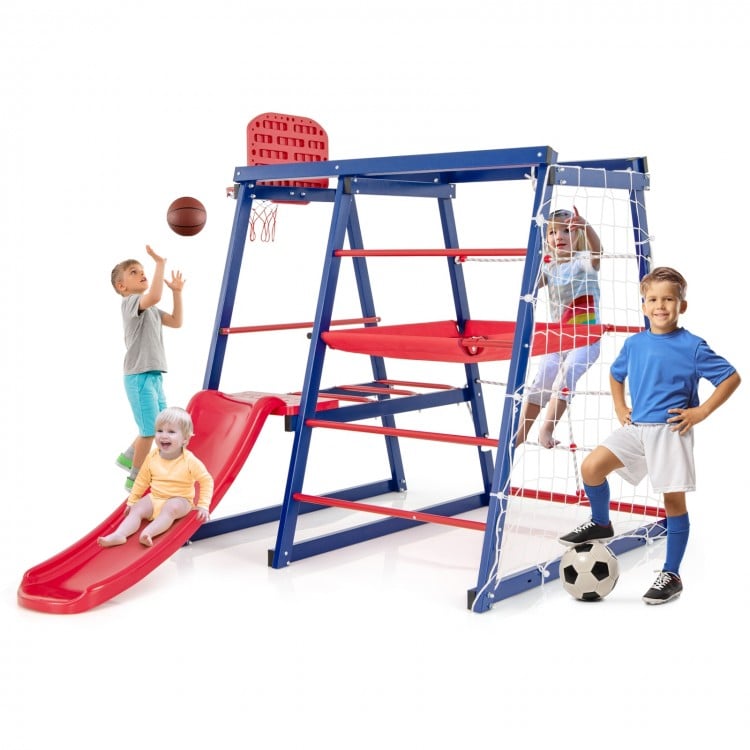Colorful 7-in-1 metal toddler climbing toy featuring a slide, climbing net, and basketball hoop for active play.