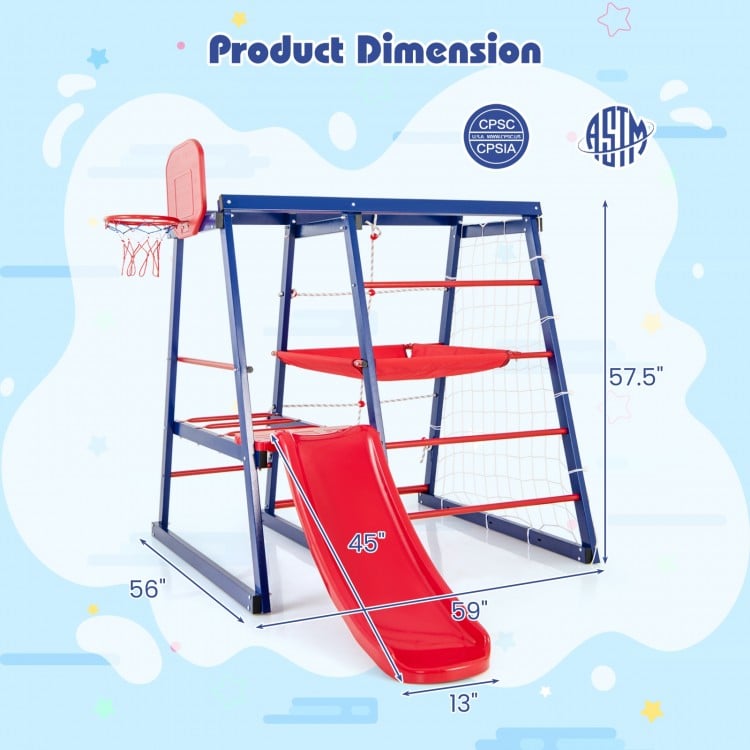 7-in-1 metal toddler climbing toy dimensions with slide, basketball hoop, and climbing features for ages 3-7 years.