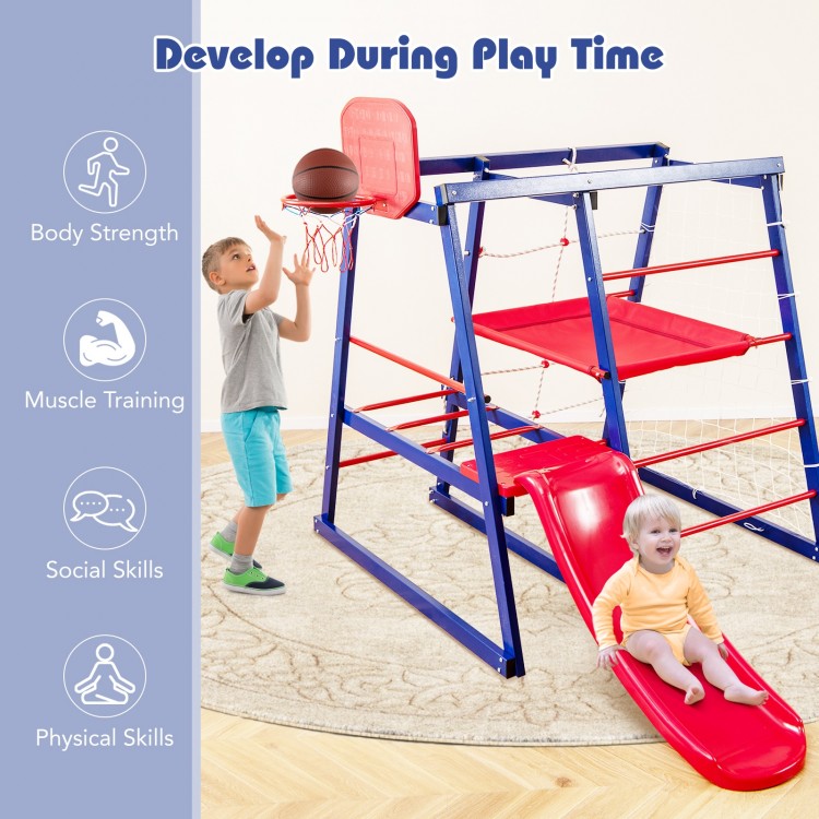 7-in-1 metal toddler climbing toy set featuring a slide, basketball hoop, and climbing structures for active play.