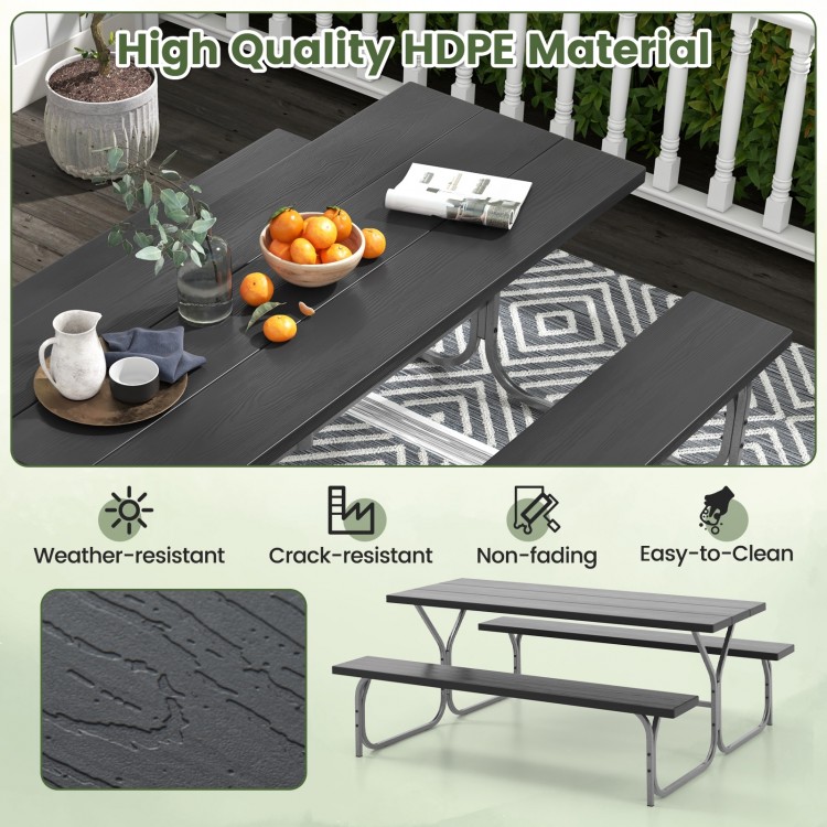 6 feet picnic table bench set with black HDPE tabletop, waterproof surface, and sturdy metal frame for outdoor.