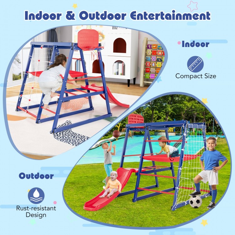 7-in-1 metal toddler climbing toy set featuring a slide, climbing net, and ladder for indoor and outdoor play.