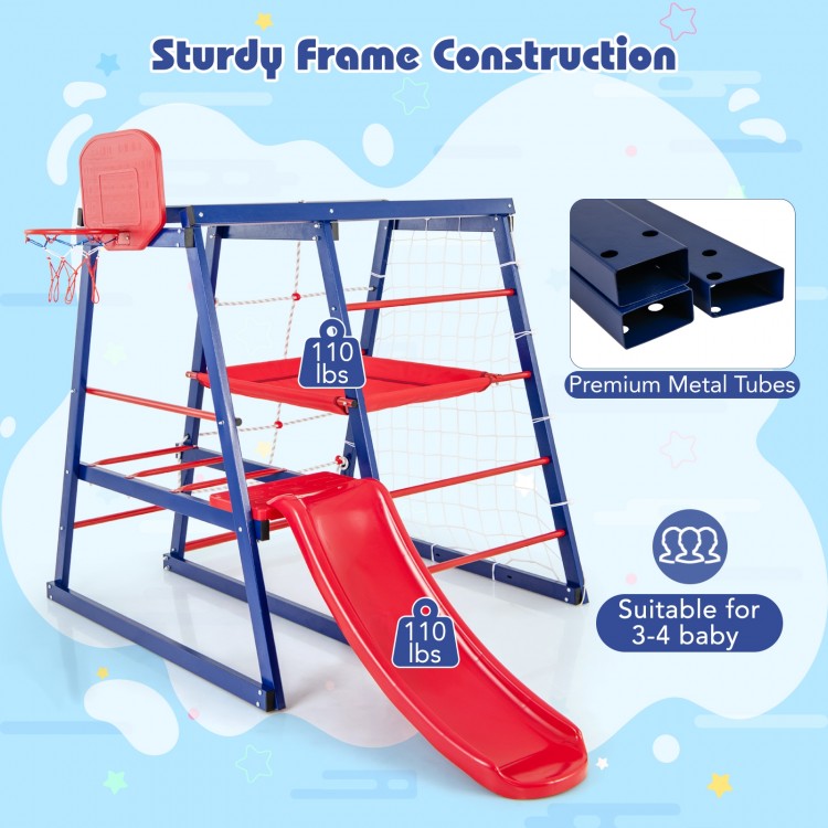 7-in-1 metal toddler climbing toy with slide, basketball hoop, and sturdy frame for 3-7 years old kids' active play.