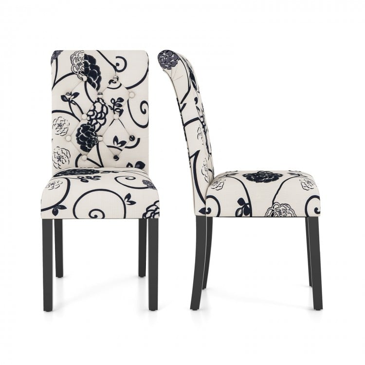 Tufted dining chair set in blue and white with curved backrest and adjustable foot pads for stability and comfort.