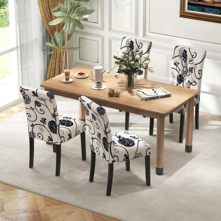 Tufted dining chair set featuring blue and white linen fabric, sturdy wood legs, and adjustable anti-slip foot pads.