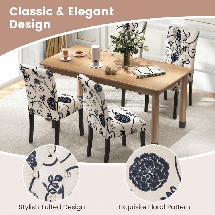Tufted dining chair set in blue and white with stylish floral pattern, featuring sturdy wood legs and adjustable foot.