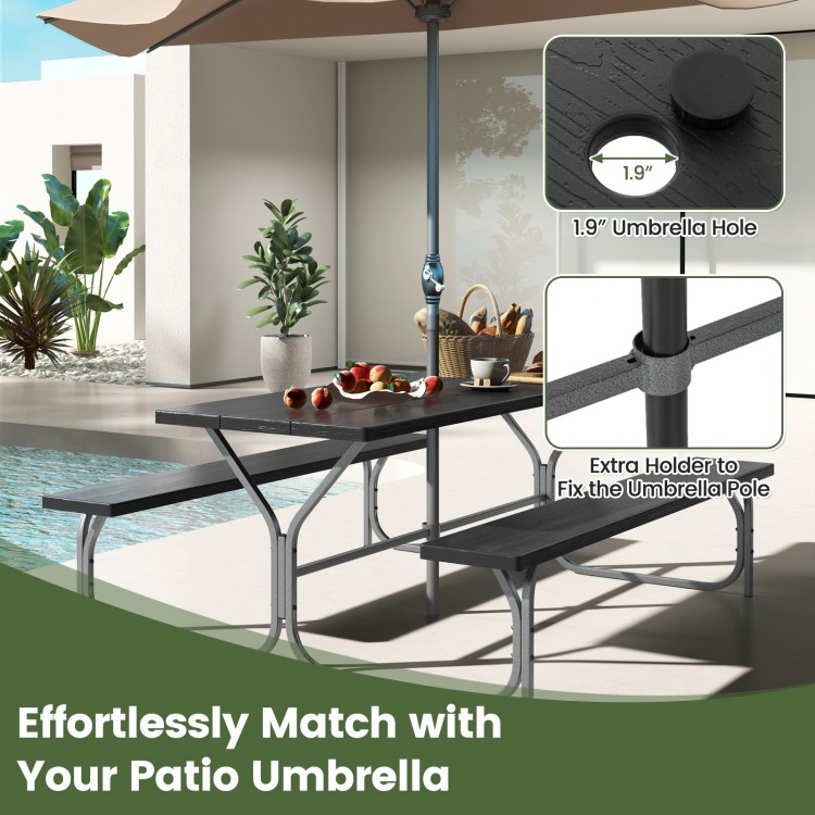 6-foot black picnic table bench set with HDPE tabletop, featuring a 1.9" umbrella hole for outdoor gatherings.