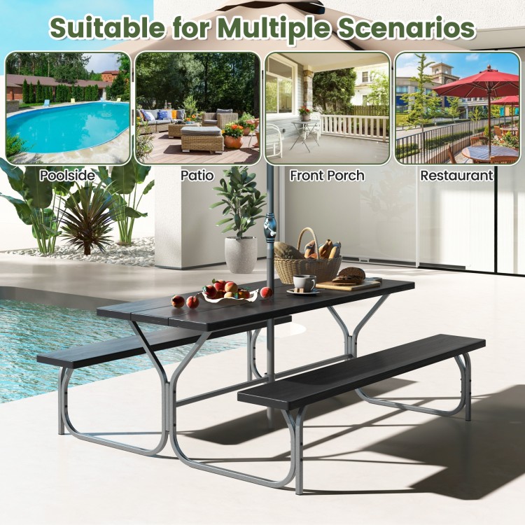 6 feet picnic table bench set in black with HDPE tabletop, ideal for outdoor gatherings by the poolside or patio.