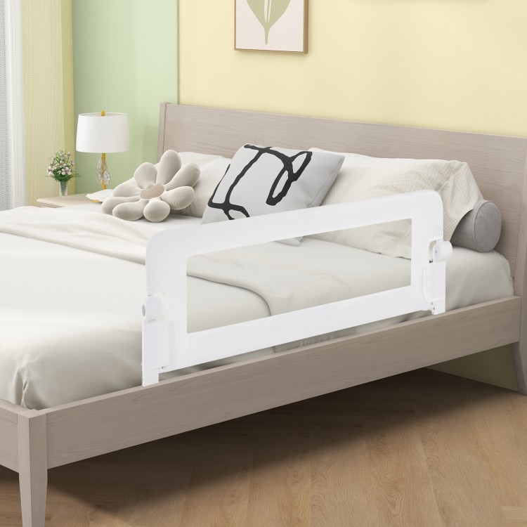 Foldable white bed rail guard for toddlers with soft padding, adjustable strap, and T-shaped legs for stability.