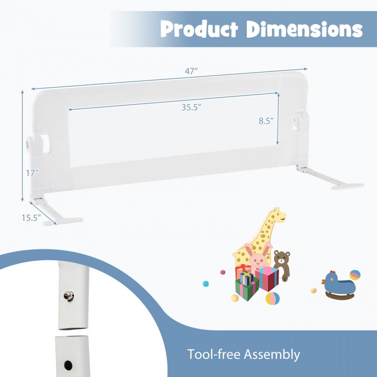 Foldable bed rail in white with adjustable strap, T-shaped legs, and soft padding for toddler safety and easy assembly.