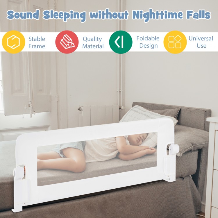 Foldable bed rail in white with a child sleeping, featuring soft padding and T-shaped legs for stability and safety.