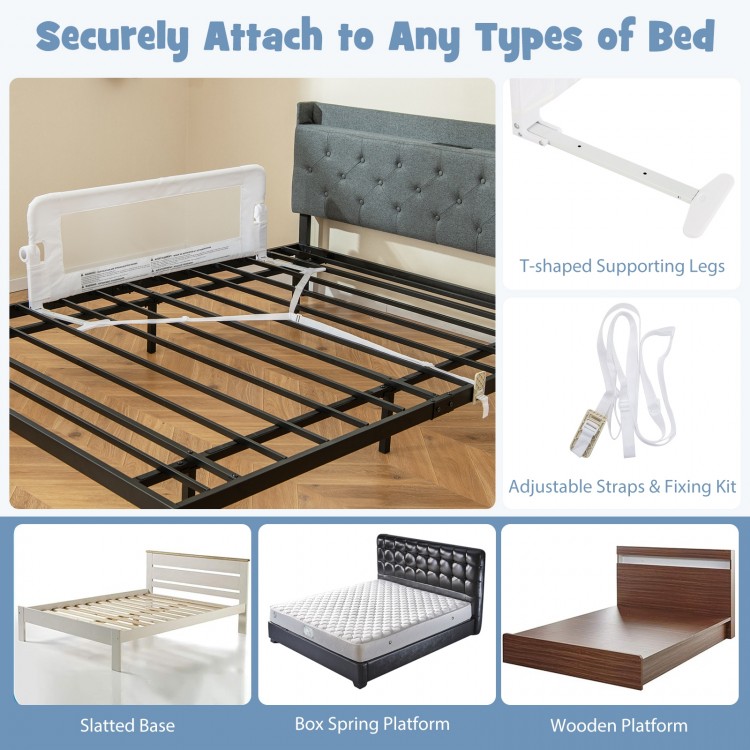 Foldable bed rail in white with T-shaped legs, adjustable straps, and soft padding for toddler safety and stability.