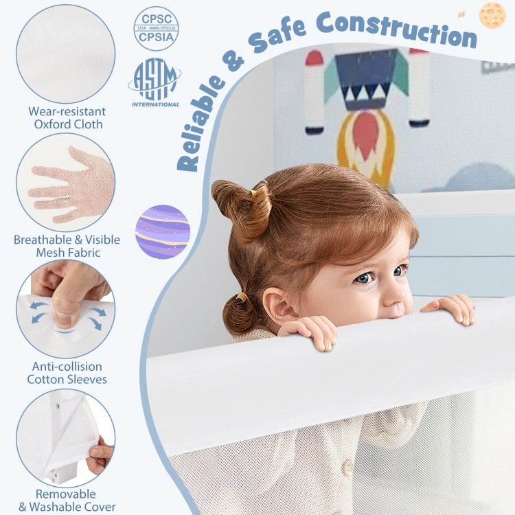 Foldable bed rail in white with breathable mesh fabric and removable cover, ensuring toddler safety and easy access.