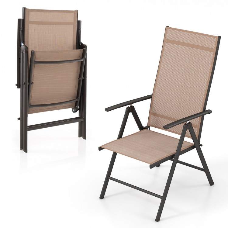 Folding patio dining chair with 7-level adjustable backrest in coffee color, ideal for outdoor use and easy storage.