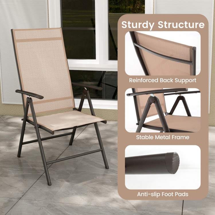 Patio folding dining chair with 7-level adjustable backrest, stable metal frame, and anti-slip foot pads for outdoor.