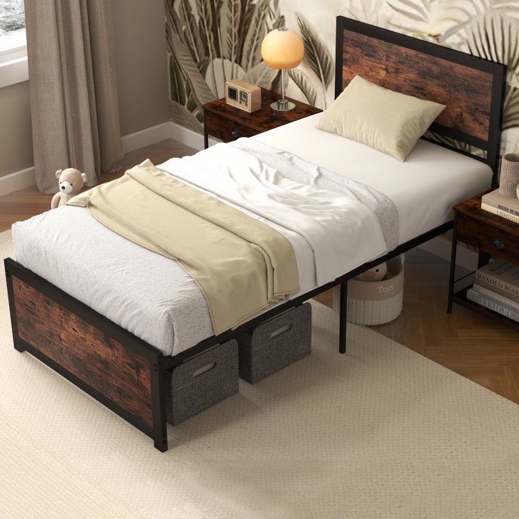 Twin size metal bed frame with high headboard and industrial boards, featuring under-bed clearance for easy cleaning.