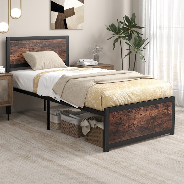 Twin size metal bed frame with high headboard, industrial design, and under-bed clearance for easy cleaning.
