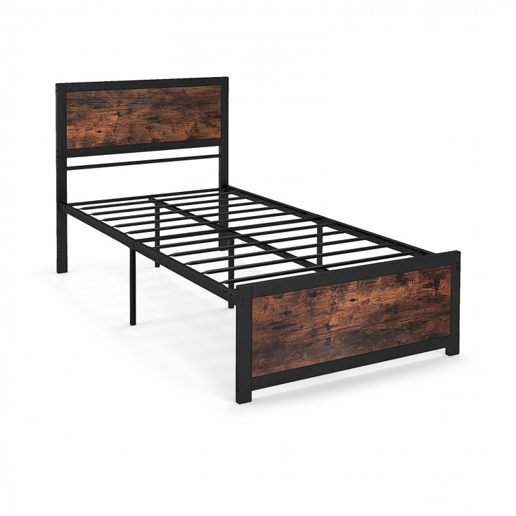 Twin size metal bed frame with high headboard and industrial boards, featuring mute bars for noise reduction and.