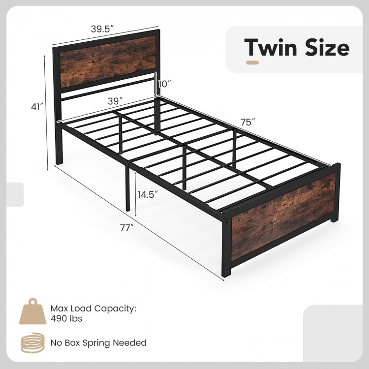 Twin size metal bed frame with high headboard, industrial design, and mute bars for noise reduction, no box spring.
