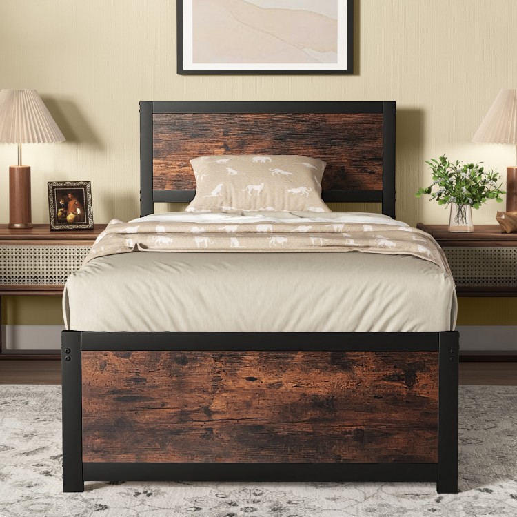 Twin size metal bed frame with high headboard, industrial design, and mute bars for noise reduction and easy setup.
