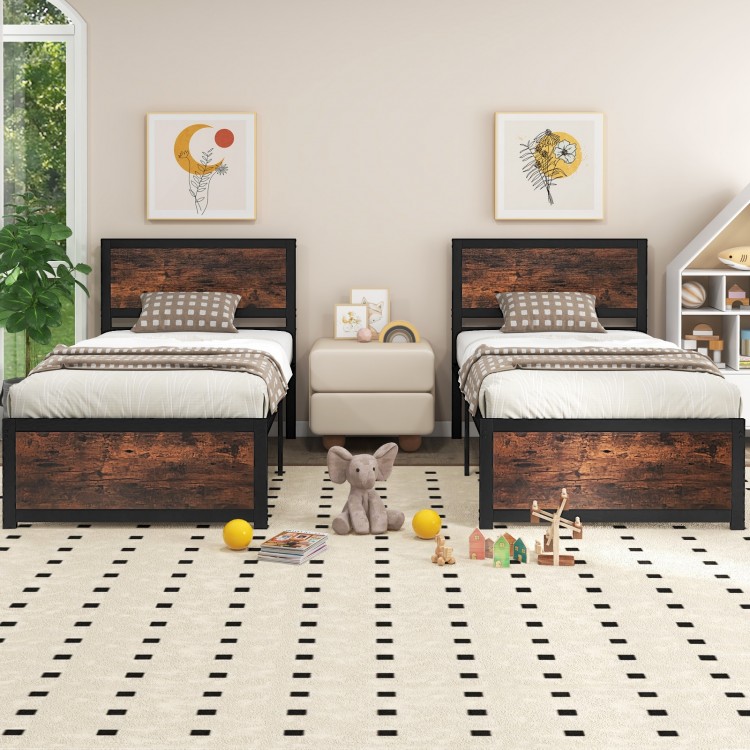 Twin size metal bed frames with high headboards and industrial boards, designed for comfort and easy cleanup.