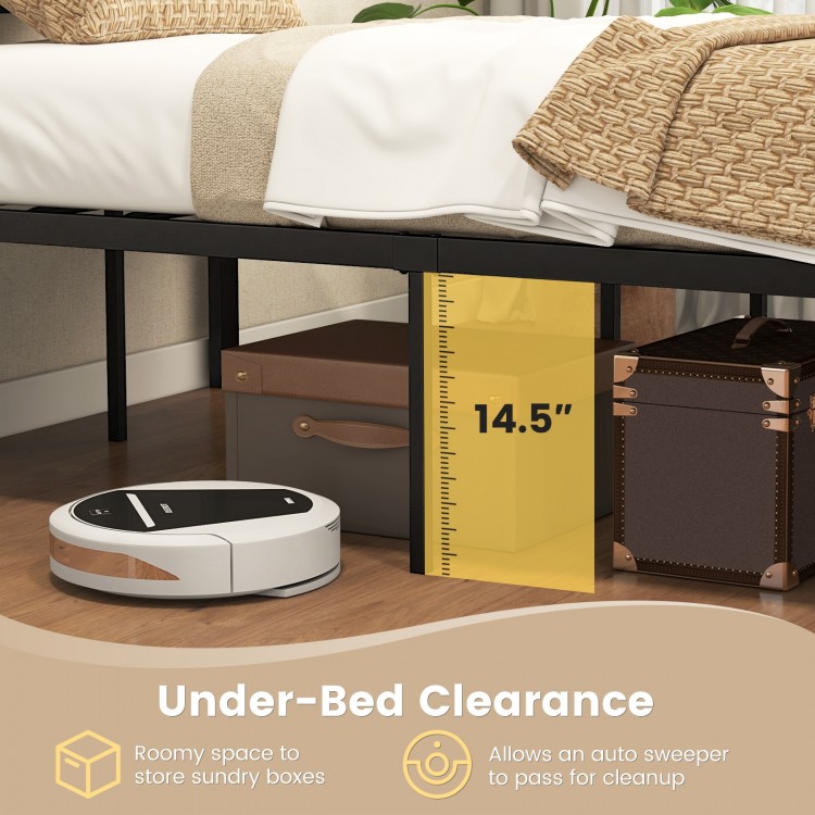 Twin size metal bed frame with under-bed clearance for auto sweeper access, featuring a high headboard and mute bars.