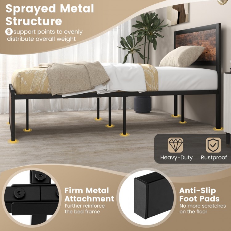 Twin size metal bed frame with high headboard, anti-slip foot pads, and mute bars for noise reduction and stability.