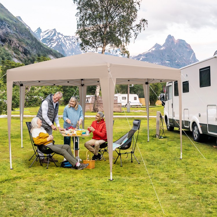Hexagonal pop-up canopy tent in khaki, 13 x 11.5 ft, providing shade for outdoor gatherings and camping.