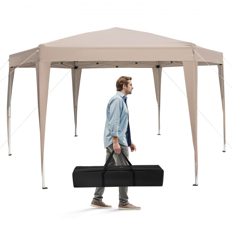 Height adjustable 13 x 11.5 ft khaki pop-up canopy tent with dressed legs, ideal for camping and outdoor events.