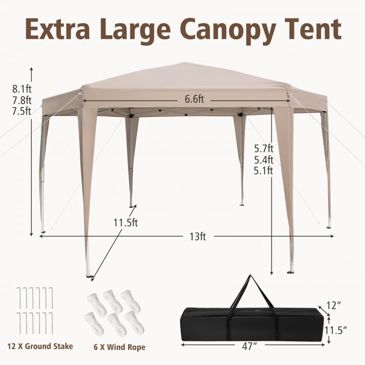 Extra large 13 x 11.5 ft khaki pop-up canopy tent with adjustable height, suitable for 6-8 people, ideal for outdoor.
