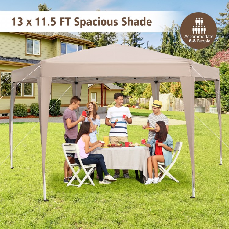 Hexagonal 13 x 11.5 FT pop-up canopy tent in khaki, suitable for 6-8 people, ideal for camping or picnics.