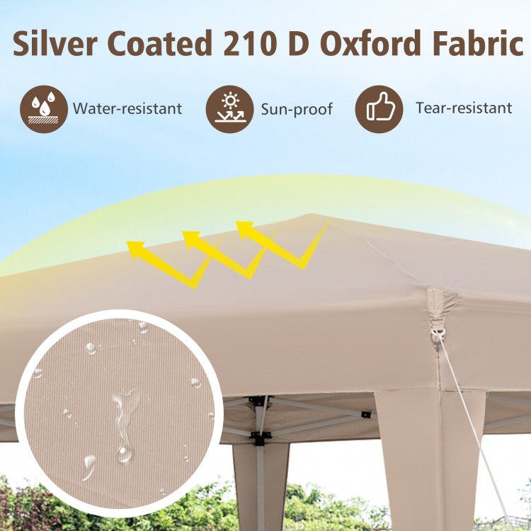 Close-up of the 210D oxford fabric of a khaki pop-up canopy tent, showcasing its water-resistant and sun-proof features.