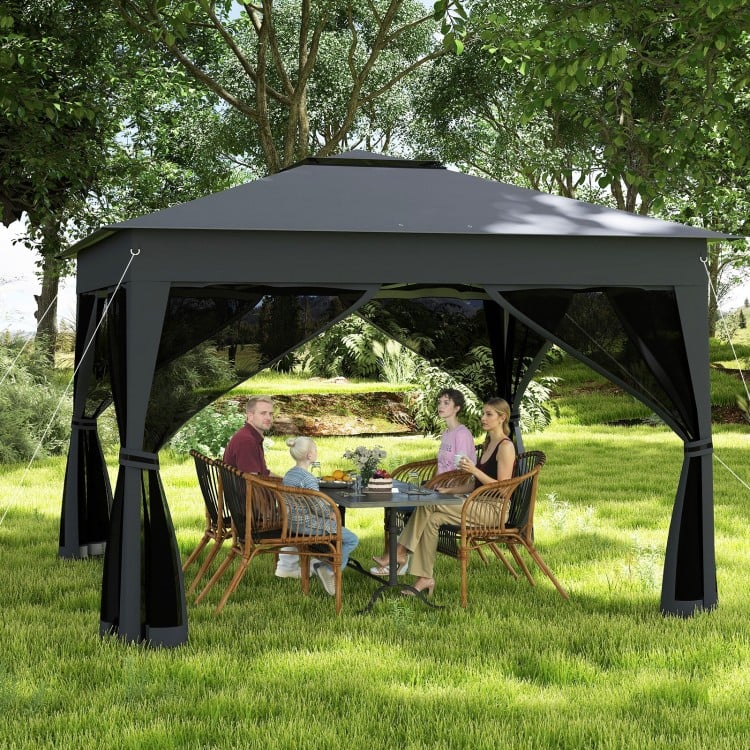 Gray 11 x 11 ft pop-up gazebo with mesh netting, featuring a double roof and stable frame for outdoor gatherings.