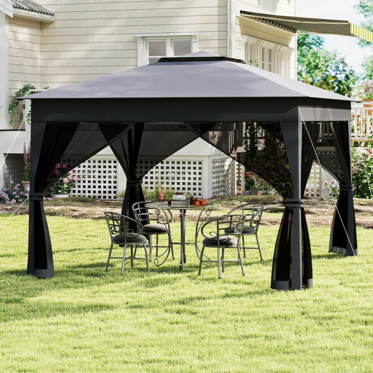 11x11 FT gray pop-up gazebo with mesh netting, featuring a double roof and detachable sidewalls for outdoor events.