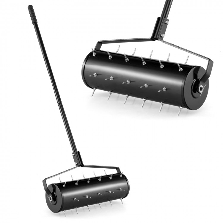 Manual lawn aerator with 27 galvanized steel spikes, 21-inch size, designed for effective soil loosening and plant.