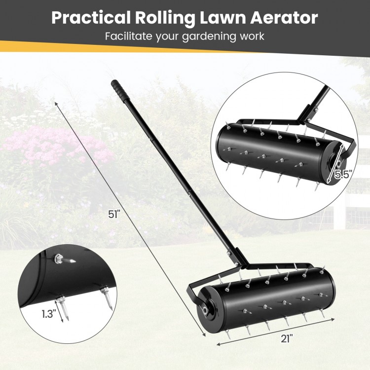 Manual lawn aerator with 21-inch width, 51-inch height, and 27 galvanized steel spikes for effective soil loosening.